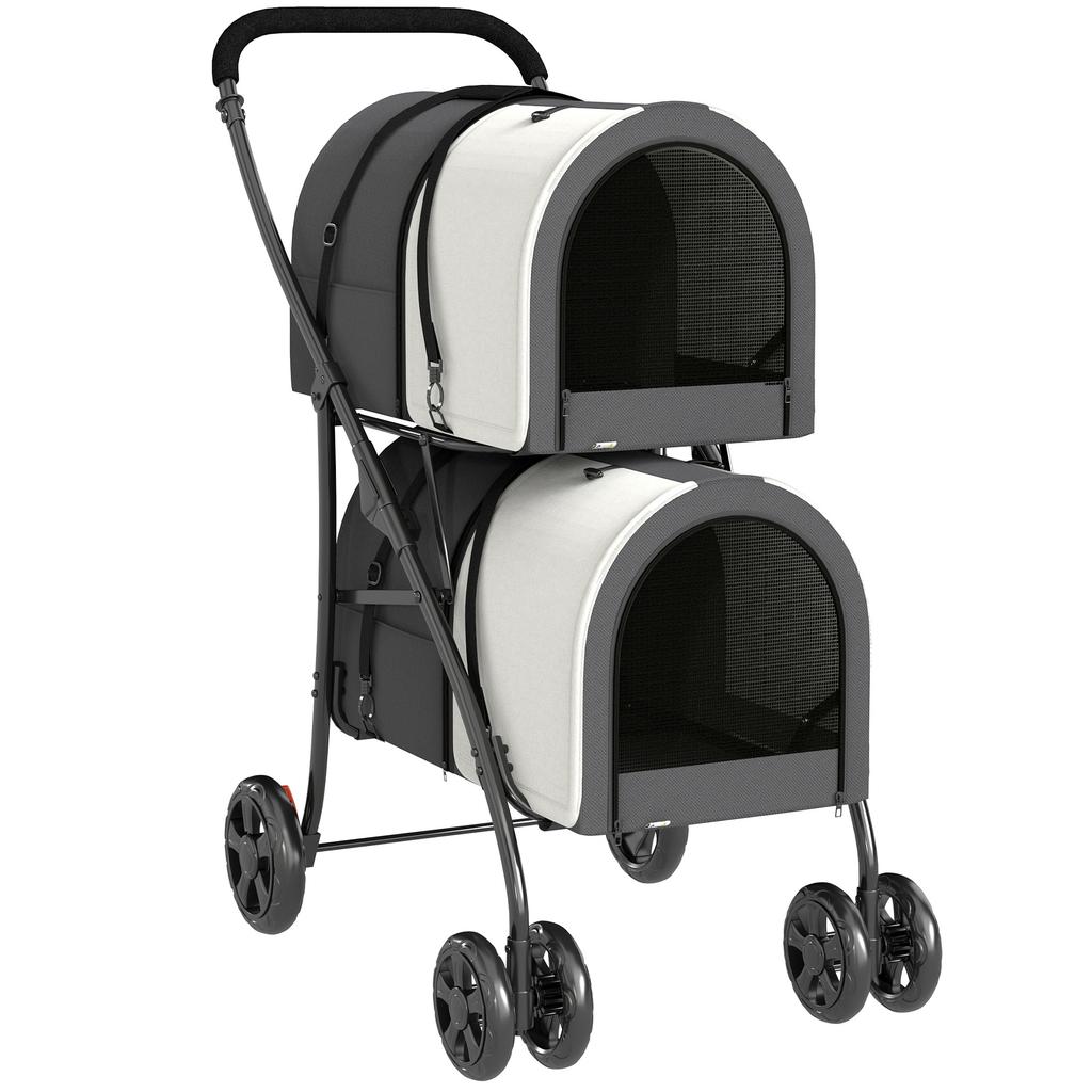 Foldable Double Pet Stroller For Dogs And Cats With 2 Removable Carriers Belt And Cushions 66x50x98cm Dark Gray