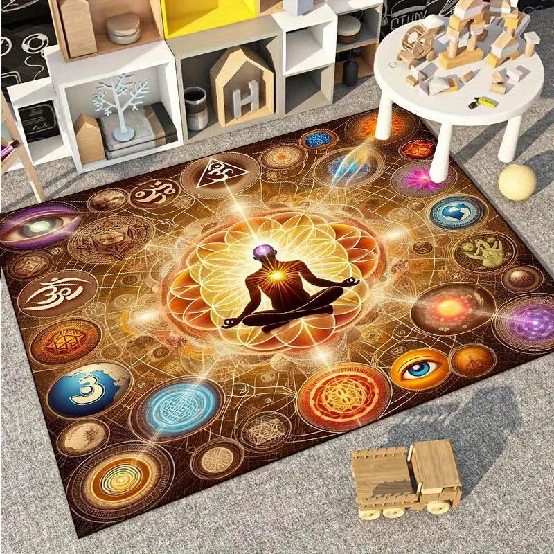 Mystic Chakra Energy Rug, Cosmic Yoga Meditation Mat with Om & Third Eye Symbols for Home Bedroom Playroom Non-Slip Carpet