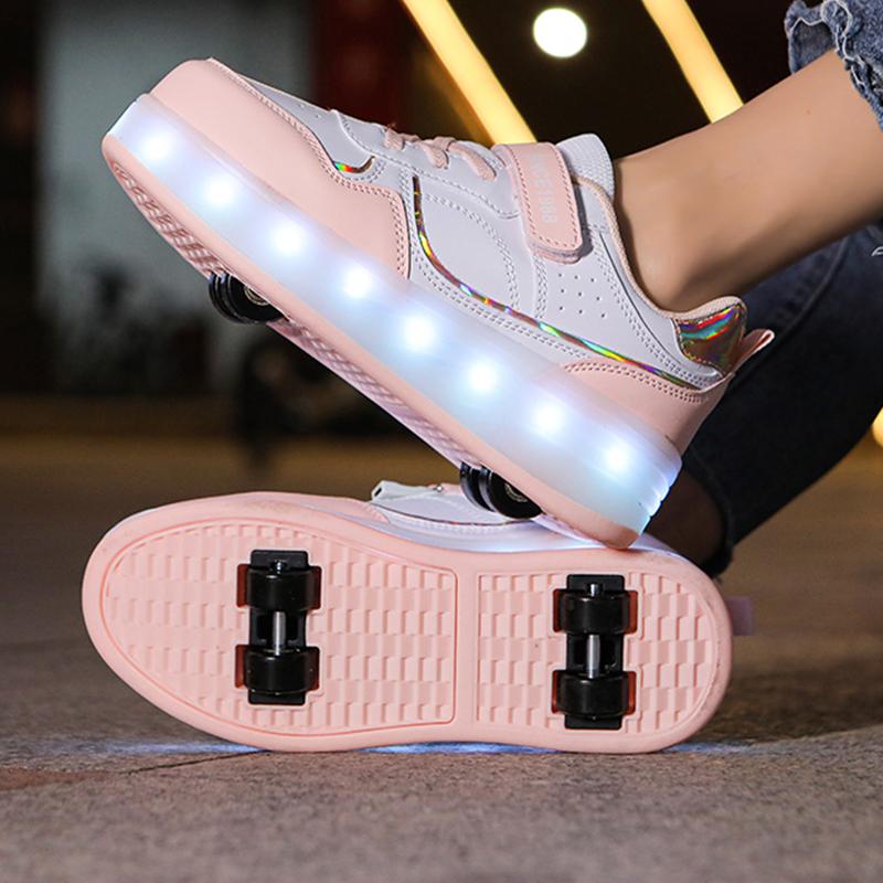 29-38 Детские четырехколесные разборные спортивные туфли на плоской подошве, светодиодные блестящие детские светящиеся кроссовки