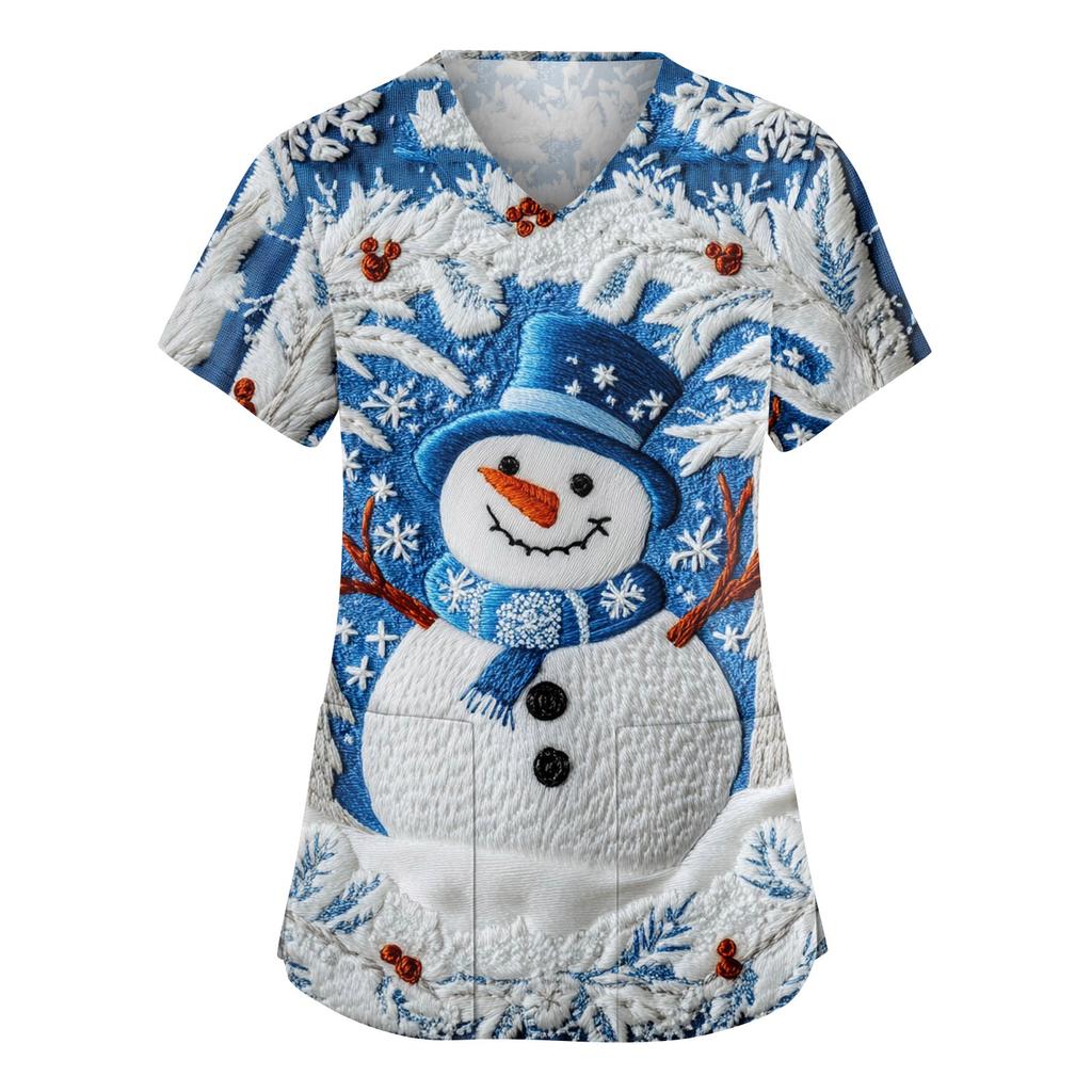 Женский модный рабочий топ с V-образным вырезом, рождественским принтом, короткими рукавами, карманом, боковым разрезом, базовый пуловер