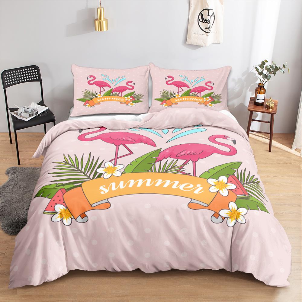 Animal Flamingo King Queen Duvet Cover Cartoon Pink Tropical Bird Bedding Set For Kids Teens Aduls Blue Soft 2/3pcs Quilt Cover