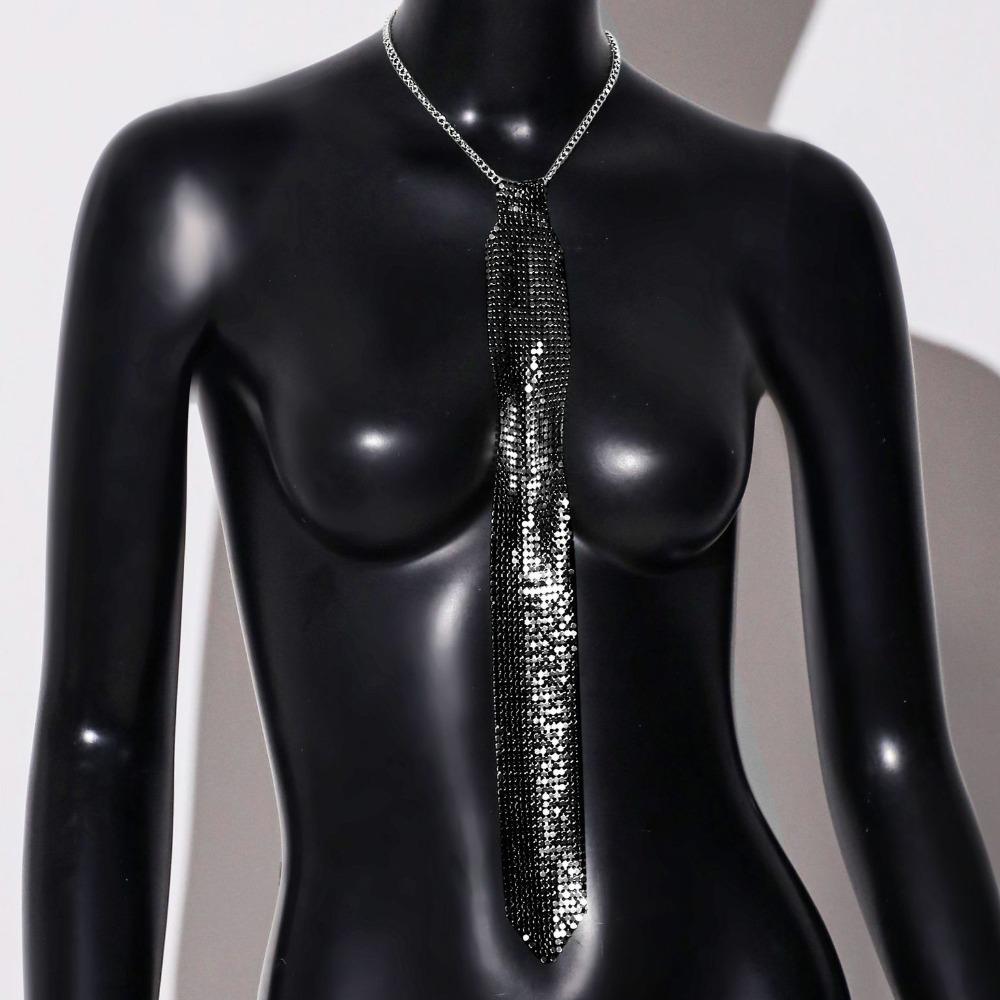 Fashion Narrow Crystal Rhinestone Neck Tie Adjustable Necklace Metal Sequin Necktie Soft Gold Glitter Cravat Suit Accessories