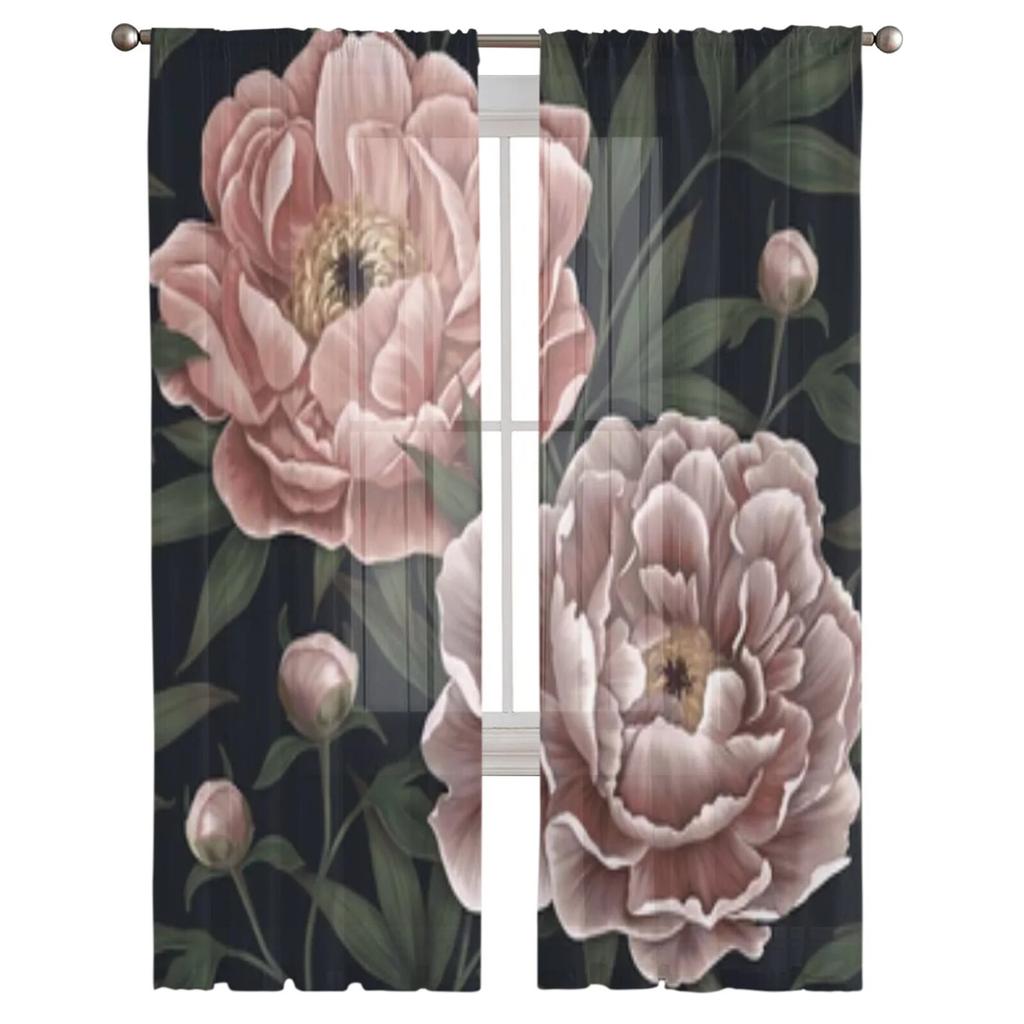 Винтажная Тюлевая оконная занавеска с ботаническими пионами для гостиной, спальни, вуаль, прозрачные шторы, кухонные шторы, занавески