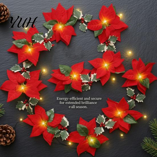 Fireplace Garland Lighting Christmas Poinsettia String Lights, 200/300cm Red Green Floral Garland, Battery/USB Low Voltage LED Operated Indoor Outdoor