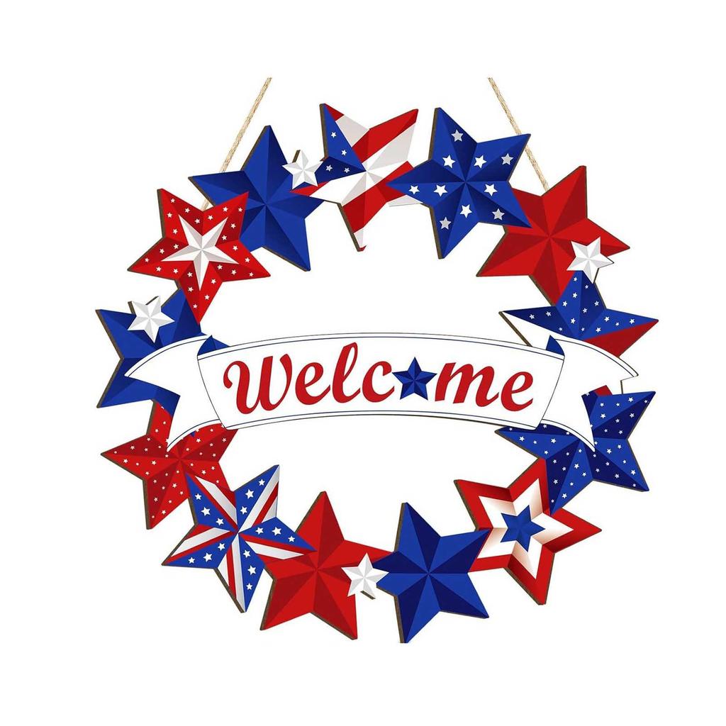 4th Of Welcome Door Sign, Patriotic Red Blue Wooden Hanging Decor
