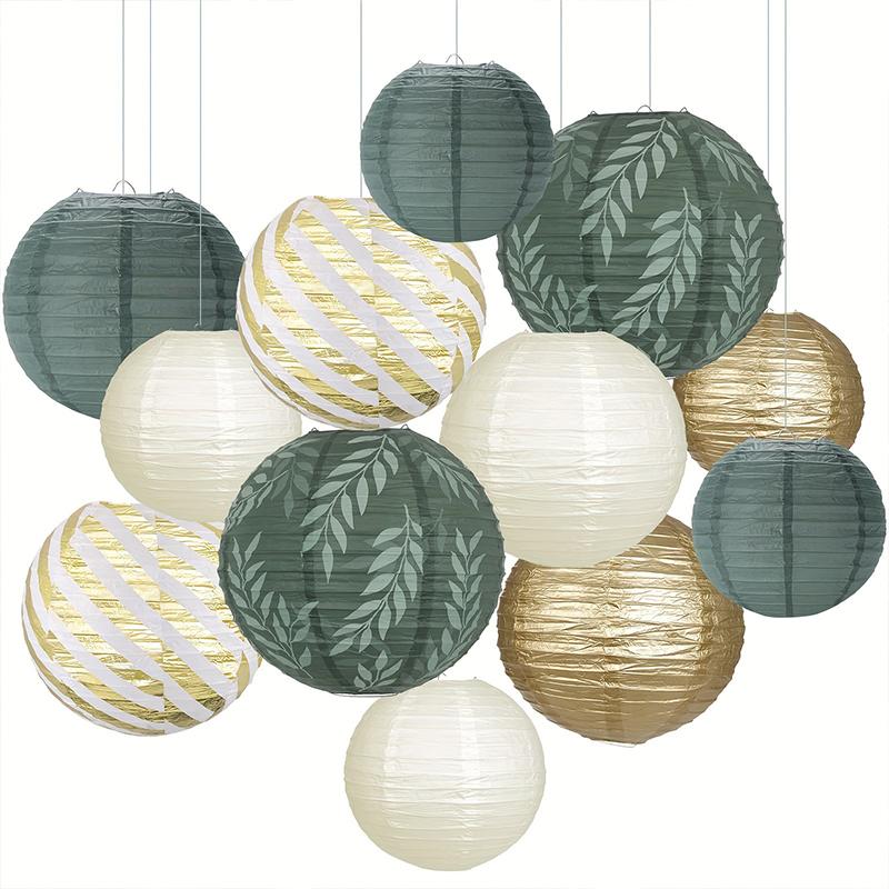 6/12/15PC Round Hanging Decorations Elegant Paper Lanterns Rustic Parties Paper Lantern Set Ivory & Golden