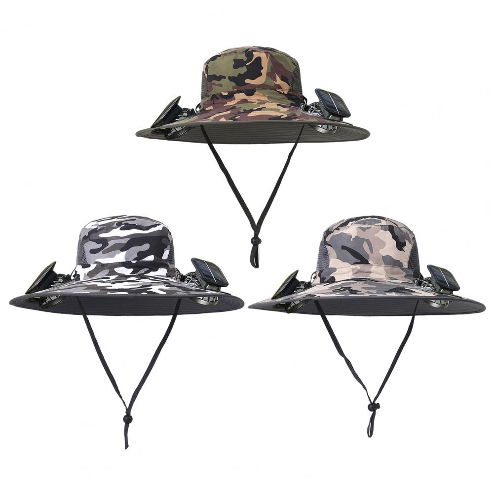 Men Fisherman Hat with Dual Solar Fan Large Brim Windproof Strap USB Charging Anti UV Sunlight Quick Dry Great Breath