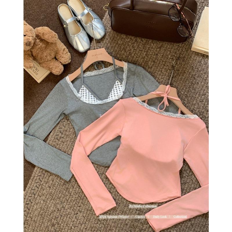 Футболка из искусственного шелка с длинным рукавом, осень и зима, новая утягивающая нижняя рубашка с короткими плечами, поддельная поддельная футболка Spice Girl, верхняя часть, две части