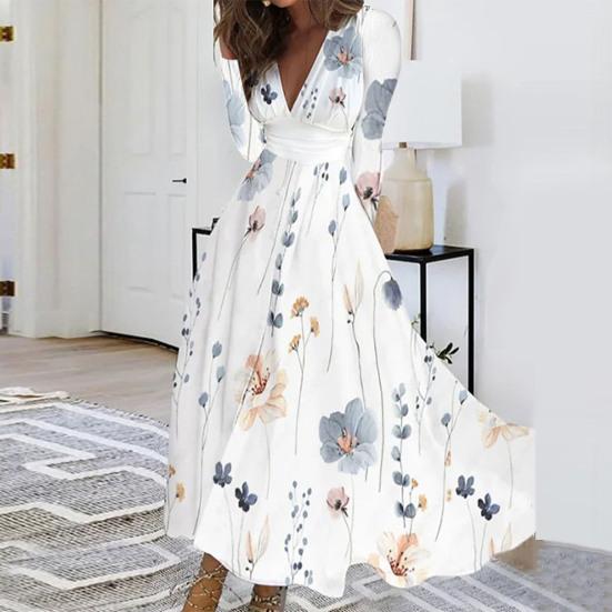 Women Elegant Floral Print Maxi Dress V-neck Waist Gown Long Sleeve High Dress A-Line Long Dress Streetwear