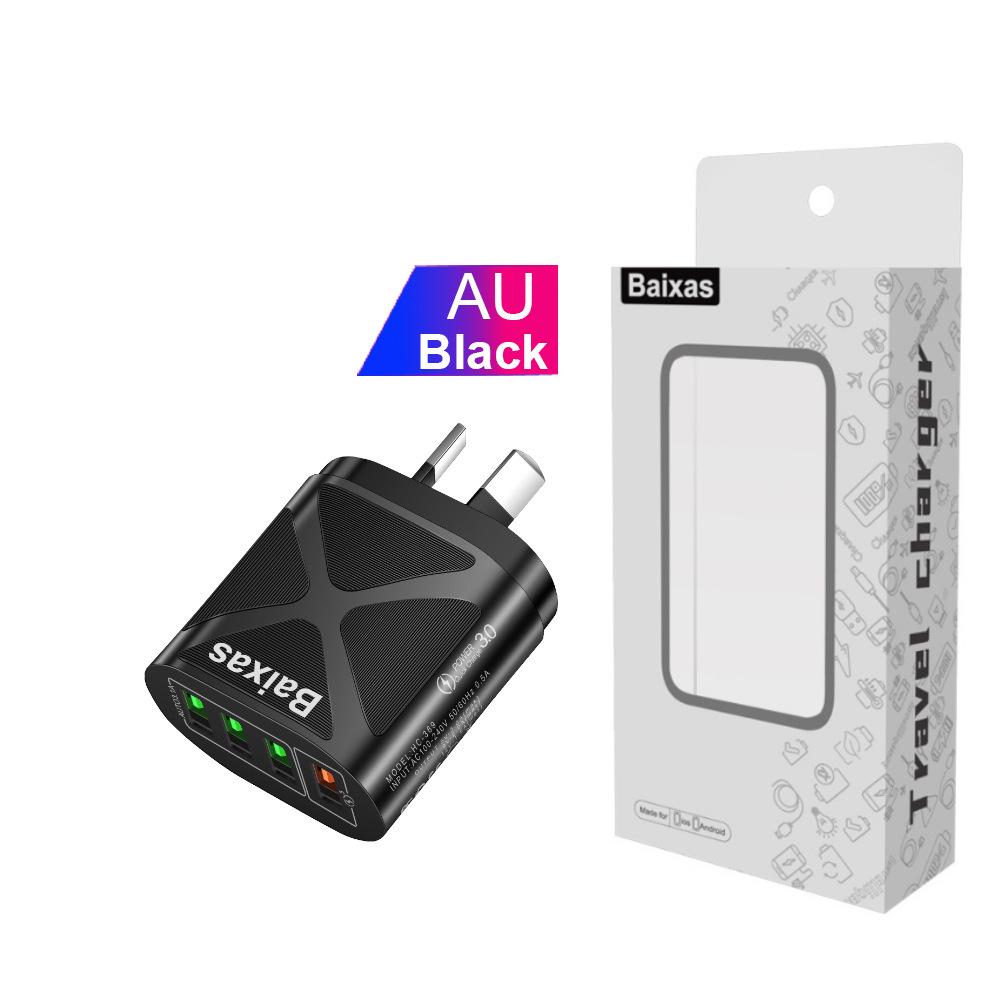 Многопортовое USB-зарядное устройство с быстрой зарядкой QC3.0, 4 порта, 5 В/9 В/12 В, Совместимо со стандартами ЕС/США/Великобритании/Австралии