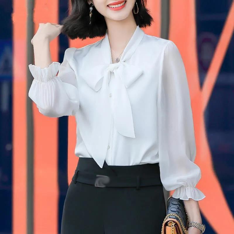 Летняя модная туника, женская блузка, футболки с длинным рукавом, бантом, шифоновым v-образным вырезом, официальные женские белые, черные рубашки, пуловер