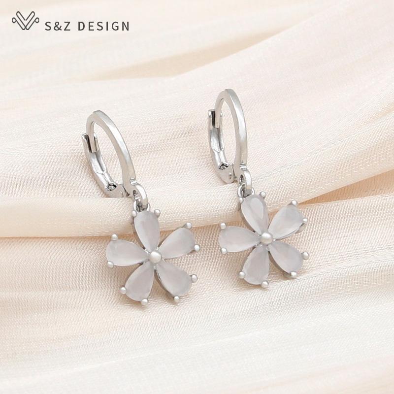 Stylish Rose Gold Color Cute Cubic Zirconia Flower Drop Earrings Jewelry Sets For Women Wedding Elegant Fashion Pendant Necklace