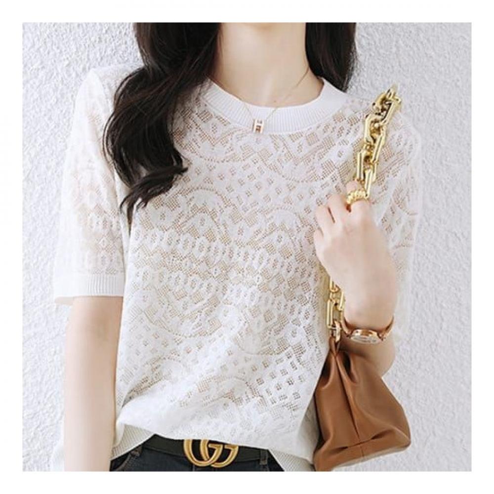 Navava Women ReTro Lace ShorT Sleeve KniT T shirT Nk2219