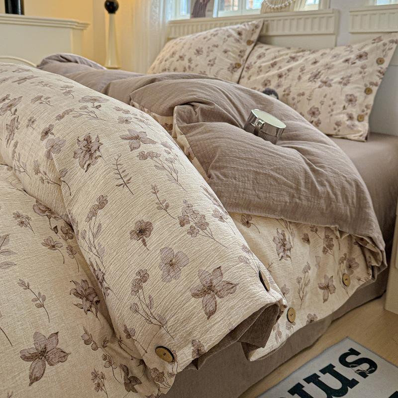 Комплект постельного белья из чистого хлопка с винтажным цветочным принтом, 4 предмета, на пуговицах, простыня из 100% хлопка, простыня на резинке, пододеяльник, постельное белье класса А