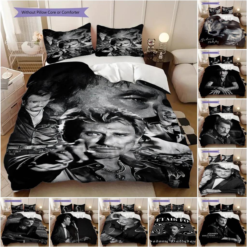 Black and white retro Johnny Hallyday bedding, duvet cover, pillowcase, home decoration, birthday gift (1 * duvet cover+2 * pillowcase, coreless)