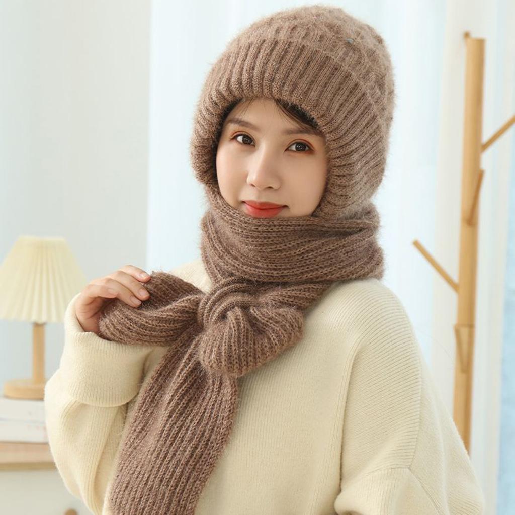 2-in1 Soft Warm Scarf Cap Crochet Hooded Scarf Hat for Skiing Hiking Universal Lady Windproof Shawl Hat with Neck Covers