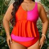 2025 однотонный лоскутный купальник из 2 предметов большого размера танкини для женщин с завязками и высокой талией, пышный купальник для леди, пляжный большой купальный костюм