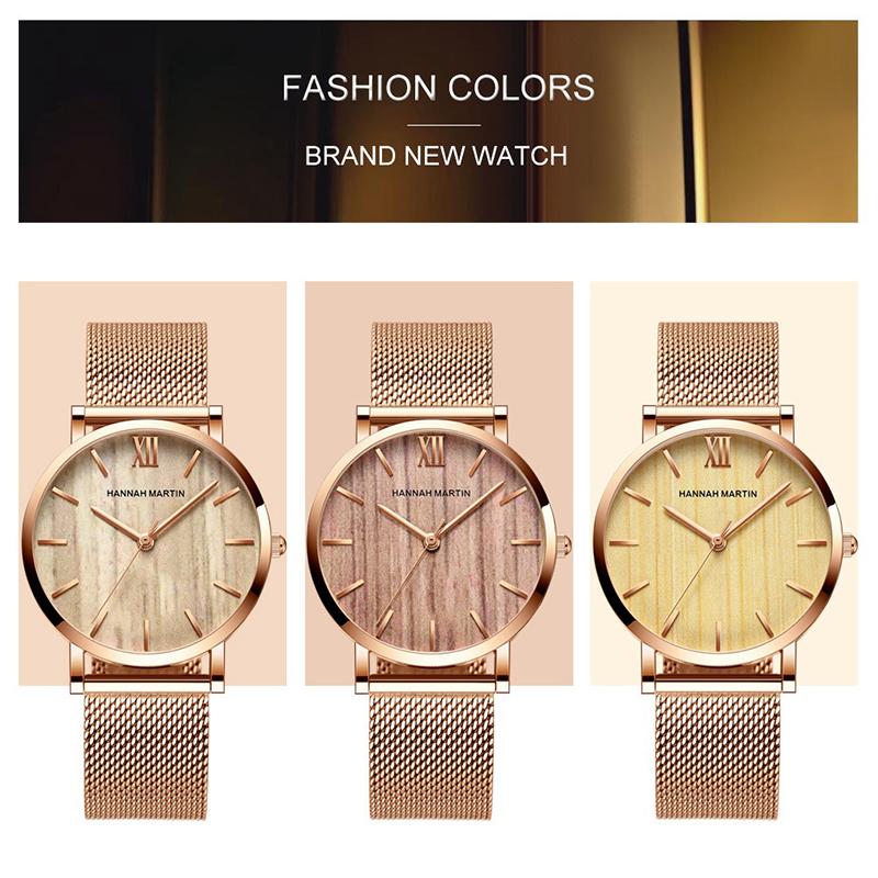 Hannah Martin Wood Grain Walnut Japan Quartz Movement Ladies Watches Luxury Brand Mesh Band Waterproof Women Wrist Watches