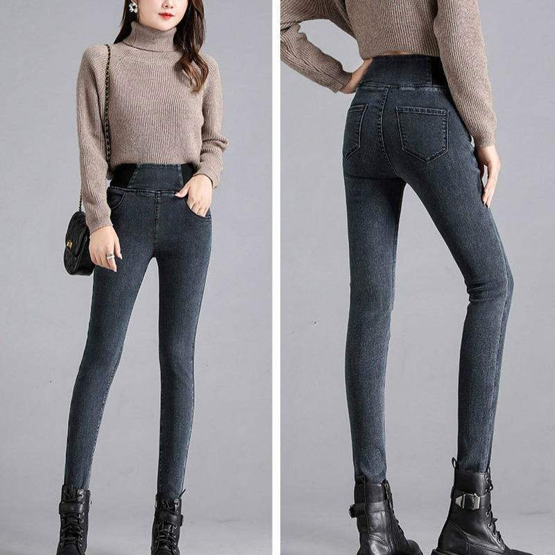 Women's Fashion Spring Autumn Pencil Pants 3 Colors Stretch Denim Skinny Slim Jeans Pants High Waist Jeans Trousers Plus Size