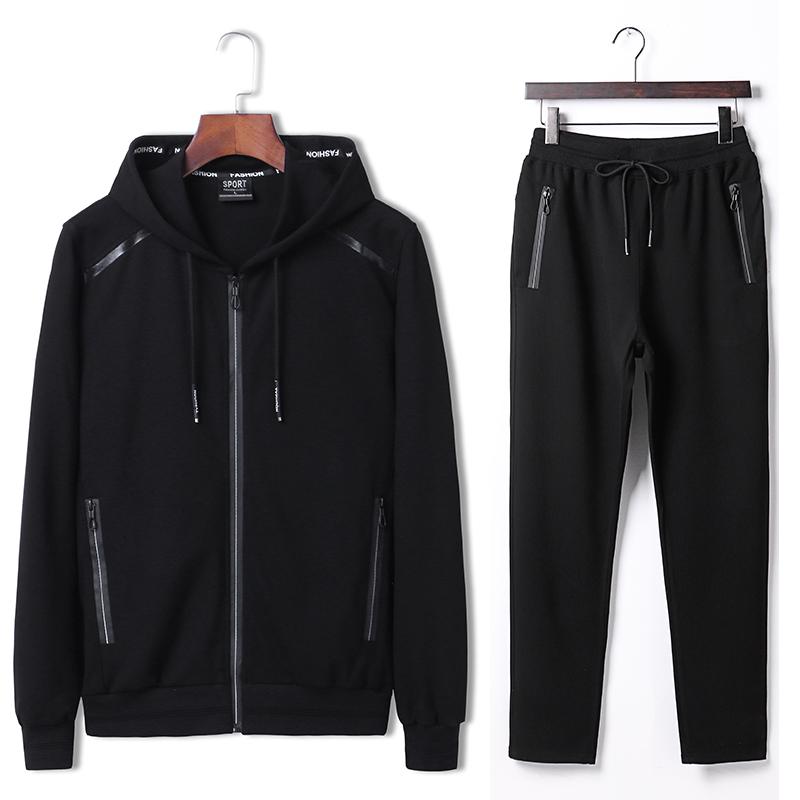 Весна и осень, большой размер, мужская толстовка с капюшоном на молнии, однотонная куртка + удобные брюки без застежки, спортивный комплект из двух предметов