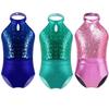 Dancing Gymnastics Leotards Sleeveless Sparkling Sequins Patchwork Style Bodysuit for Kids Girls