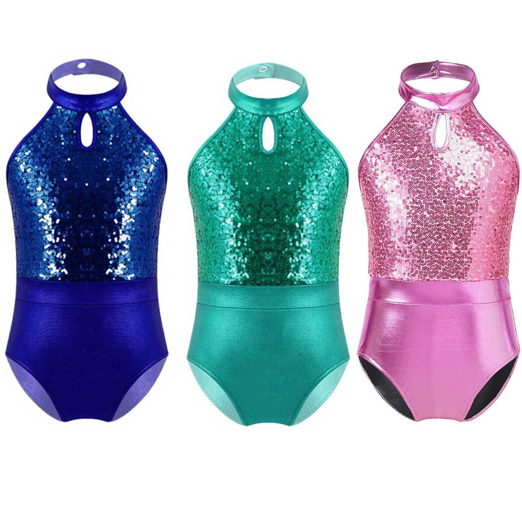 Dancing Gymnastics Leotards Sleeveless Sparkling Sequins Patchwork Style Bodysuit for Kids Girls