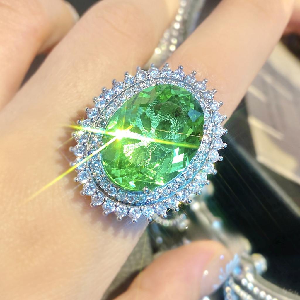 2026 Heavy Industry Aquamarine Pigeon Egg Big Gem Necklace Pendant Color Treasure Earrings Temperament Zircon Apple Green Ring