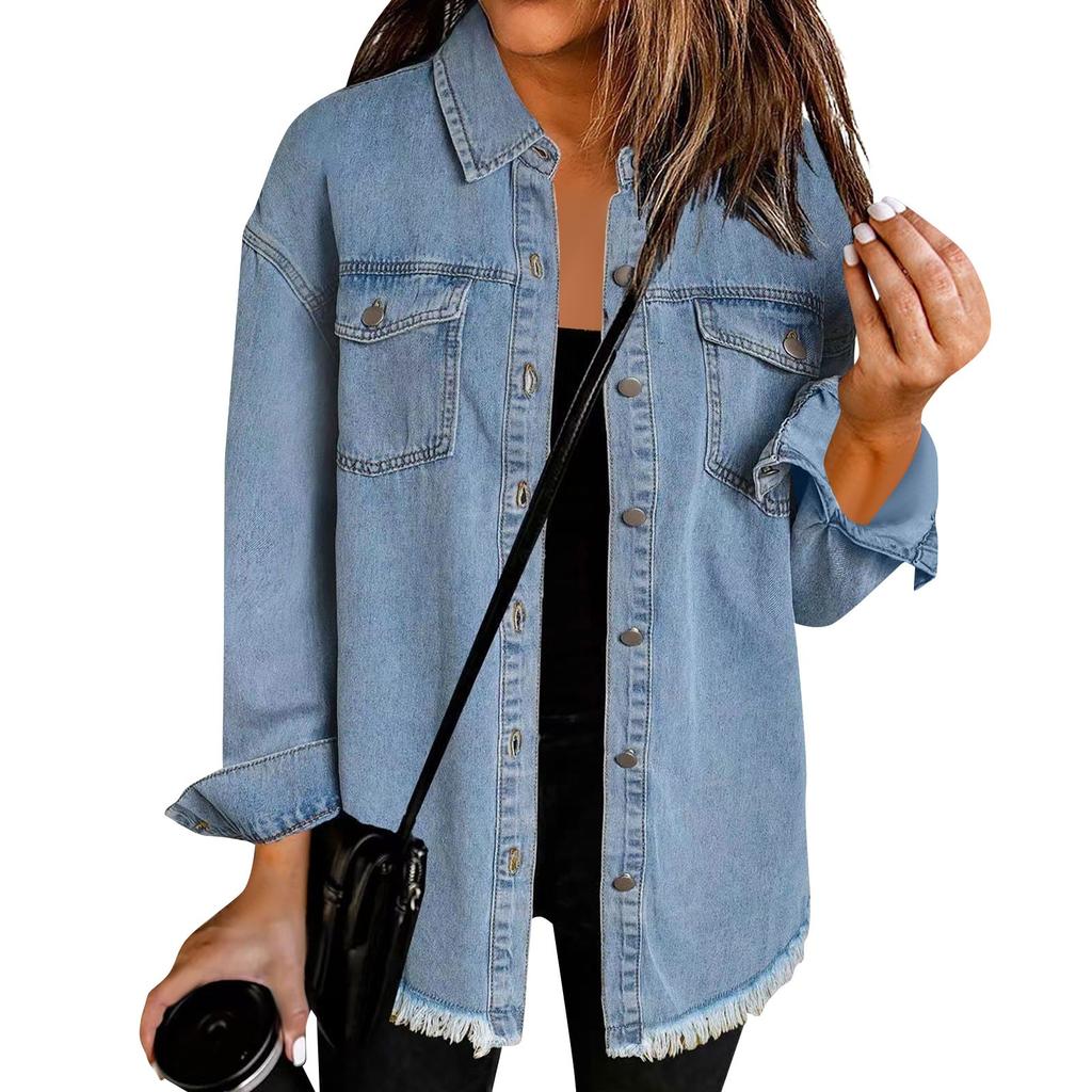 Women's Fashion Denim Shirt Jacket Milled Hem Button Casual Long Sleeve Jacket