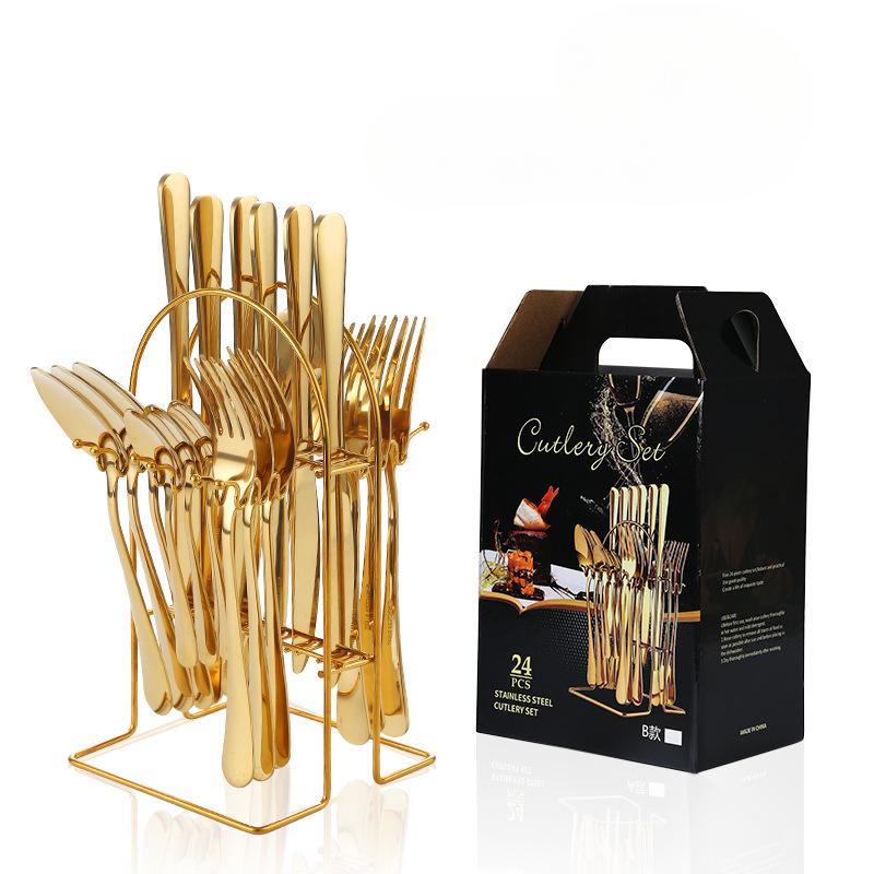 Stainless Steel Tableware 24 Pieces Suit Western Food Four Main Pieces Knife, Fork and Spoon with Storage Rack Gift Set Suit