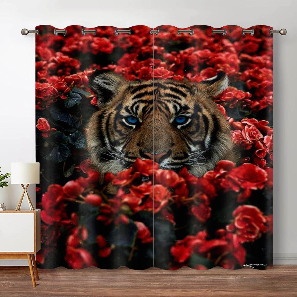 Leopard Flower Window Curtain Living Room Tiger Block Out Curtains For Bedroom Dorm Wild Lion Rose Aesthetic Home Decor 2 Panels