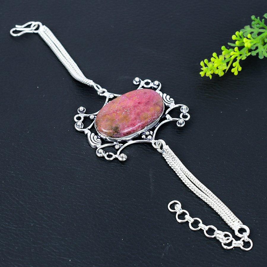 Родонит Драгоценный камень Ручная работа Этнический 925 Серебро Подарок Ювелирное изделие Браслет 7-8" F5z91