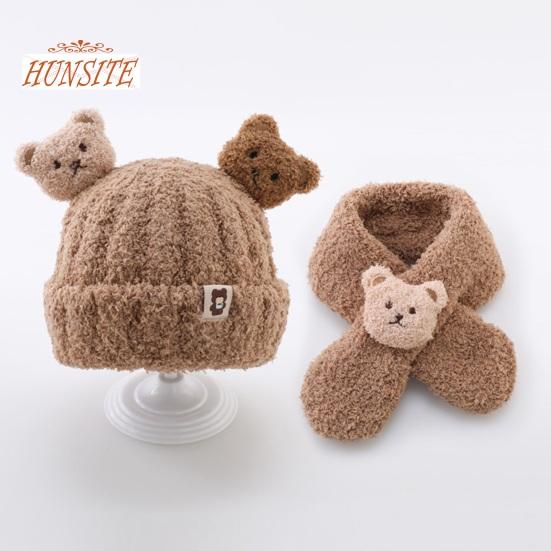 Детская зимняя шапка и шарф, набор, декор в виде медведя, толстый, мягкий, плюшевый, морозостойкий, вязаный, унисекс, накидка на шею, детские зимние аксессуары