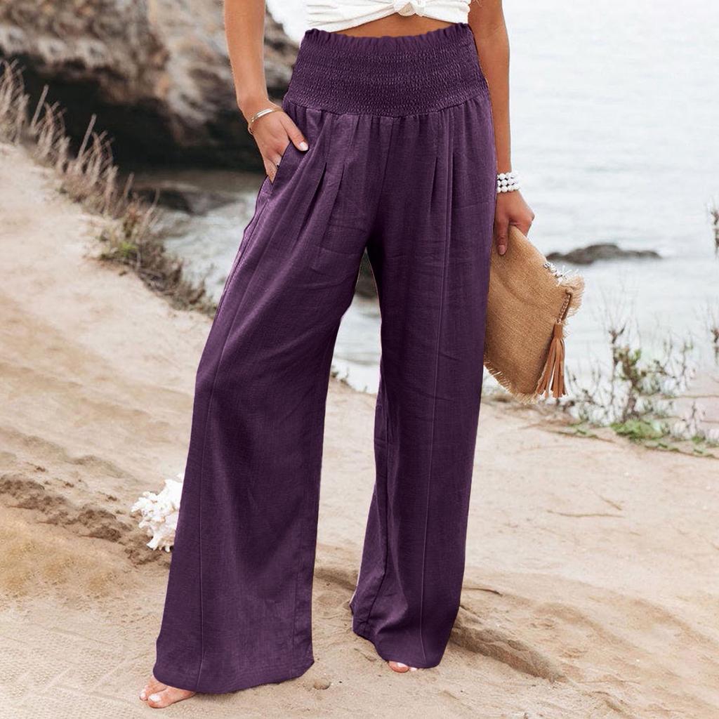 Летние хлопковые льняные широкие брюки, женские свободные брюки-палаццо, повседневные брюки с карманами и эластичной резинкой на талии, пуговицы