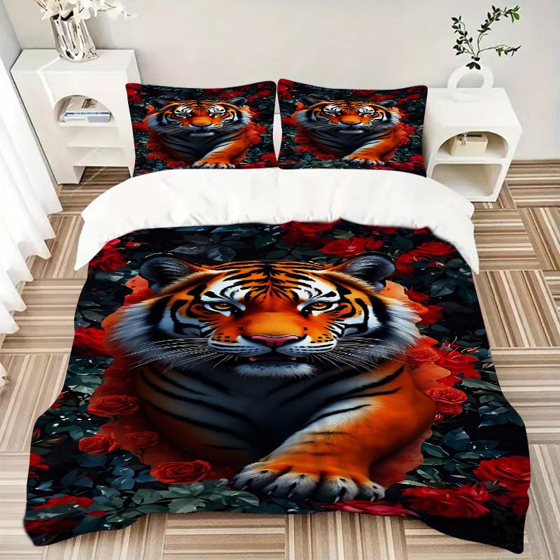 3pcs Tiger Roses Print Duvet Cover Set, Soft Comfortable Duvet Cover,Guest Room (1*Duvet Cover + 2*Pillowcase, Without Core) yy251104120