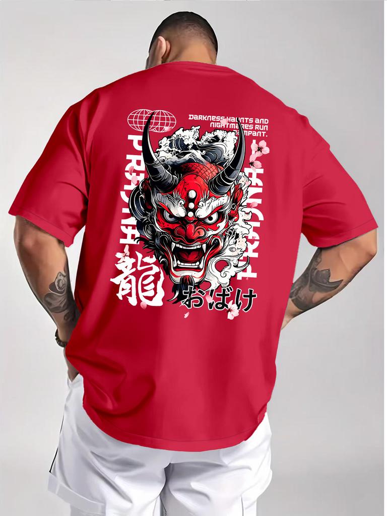 Мужская футболка с принтом японского демона Они на спине, с акцентом на плотный хлопок, повседневного кроя, с круглым вырезом, топы для косплея