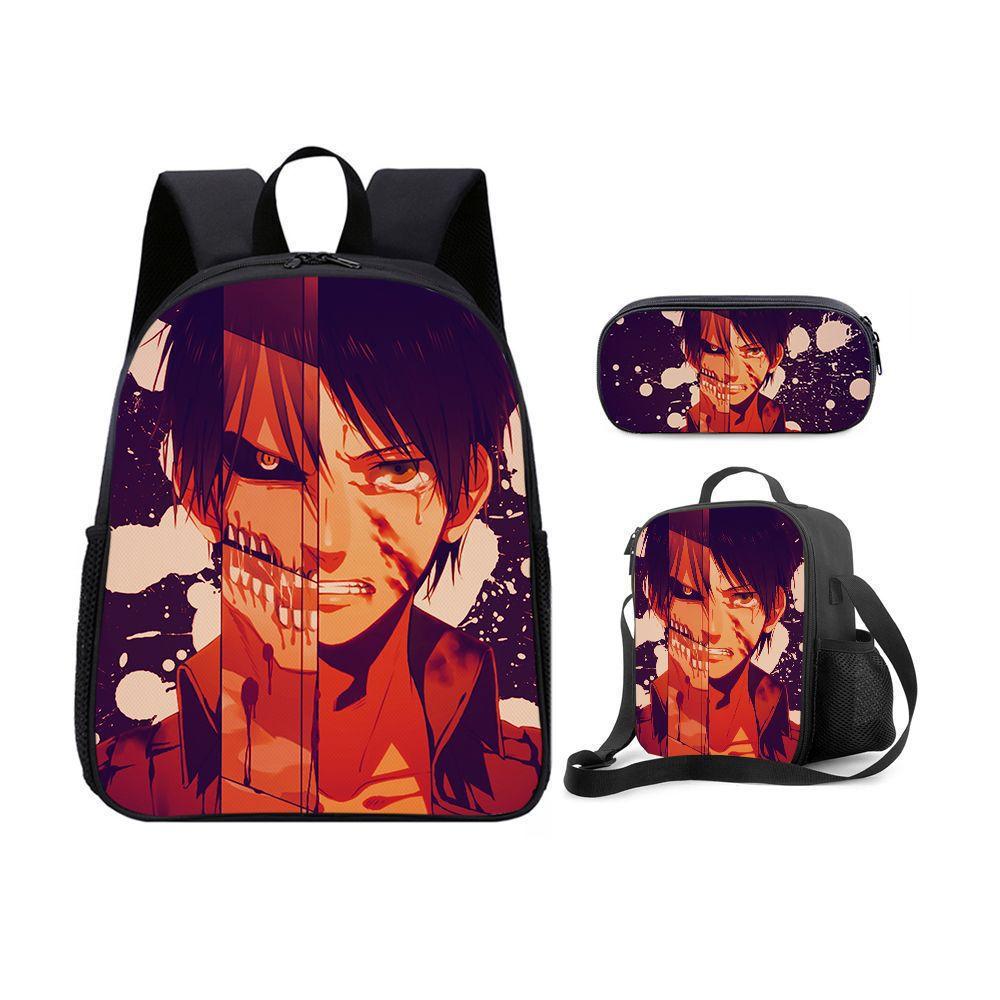 Attack on Titan Elementary and Middle School Student Backpack Messenger Bag Pencil Case 3-Piece Set Anime Bags Waterproof Large Capacity