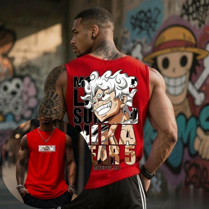One Piece Топ без рукавов мужской ЛУФФИ Gear 5 Хлопок Аниме Графический принт Уличная мода Летний жилет Бренд Фитнес Тренировка Мода
