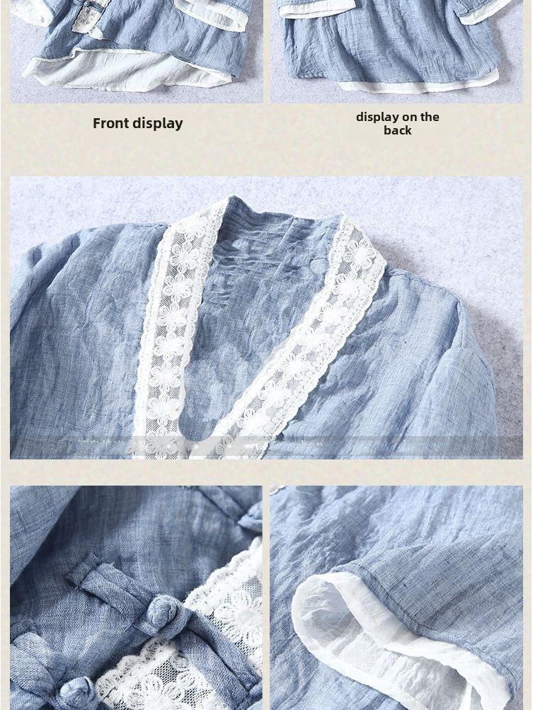 Женская кружевная рубашка из хлопка и льна с рукавом три четверти, весна/осень 2024 г., ретро-стиль, с косым воротником и пуговицами