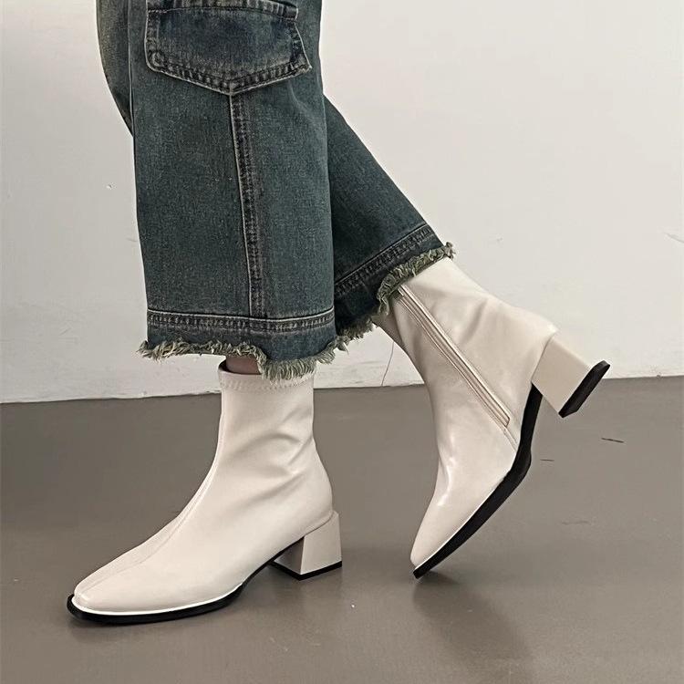 French Short Boots Women's 2024 Autumn and Winter New Elastic Thin Boots Chelsea Martin Boots High Heel Small Single Boots