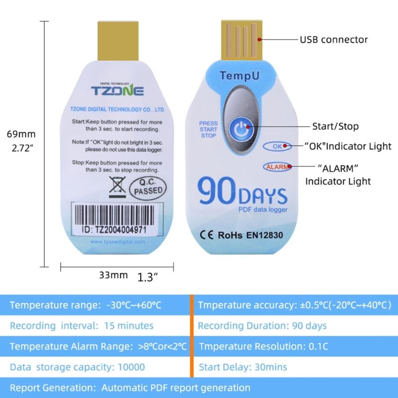 Digital Temperature & Humidity Data Logger Single Use PDF Report USB Port 10000 Points High Accuracy Cold Chain