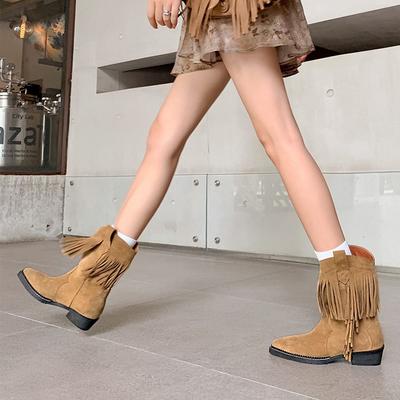 Новое место Ghosn женские короткие ботинки 2025 новый летний западный джинсовый заостренный толстый каблук бахрома чувство дизайна ретро западный