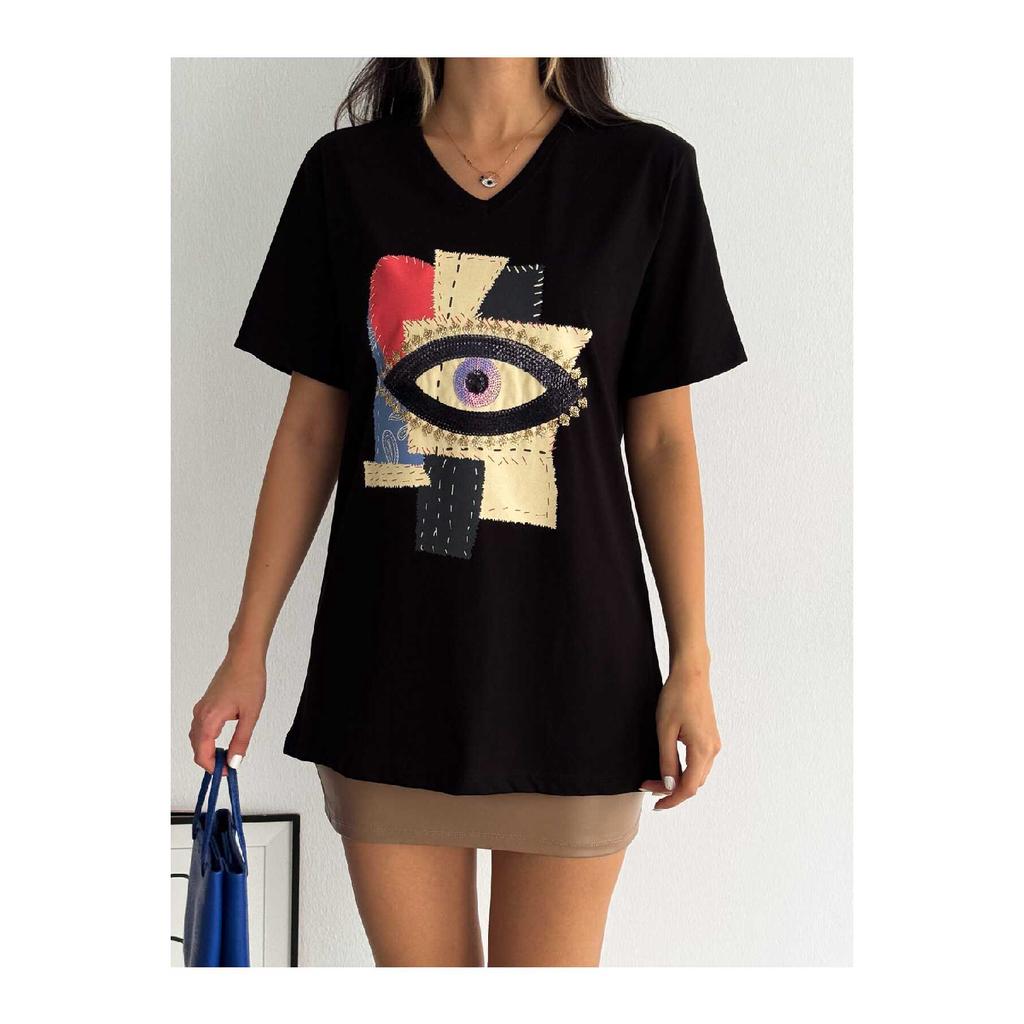 Женская черная футболка из 100 % хлопка с v-образным вырезом и вышивкой пайетками больших размеров