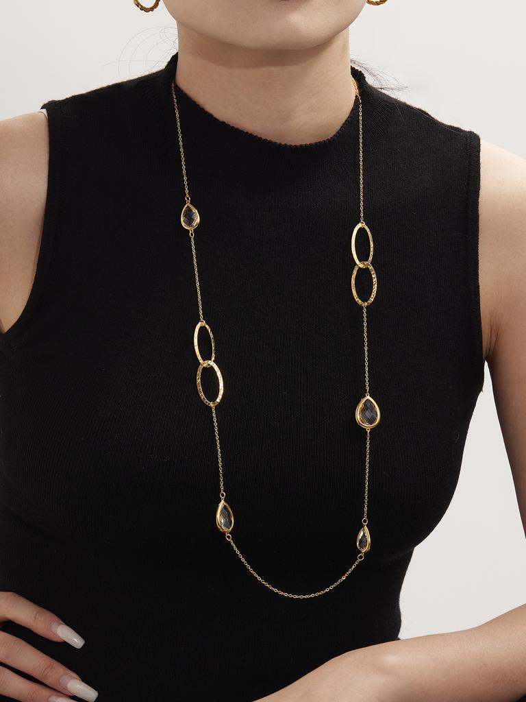 Длинная цепочка-ожерелье для свитера 82 см из нержавеющей стали с покрытием 18 карат золотом с блестящей подвеской-каплей и граневым стеклянным камнем, ожерелья для женщин