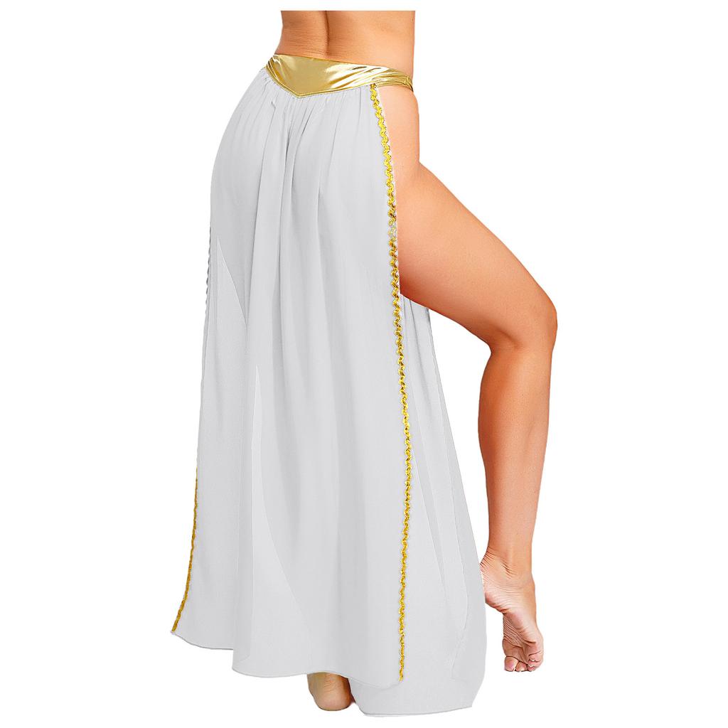 Womens Ancient Queen Costume Briefs Chiffon Skirt Metallic Shiny Side Slit Gold Trims Halloween Outfit