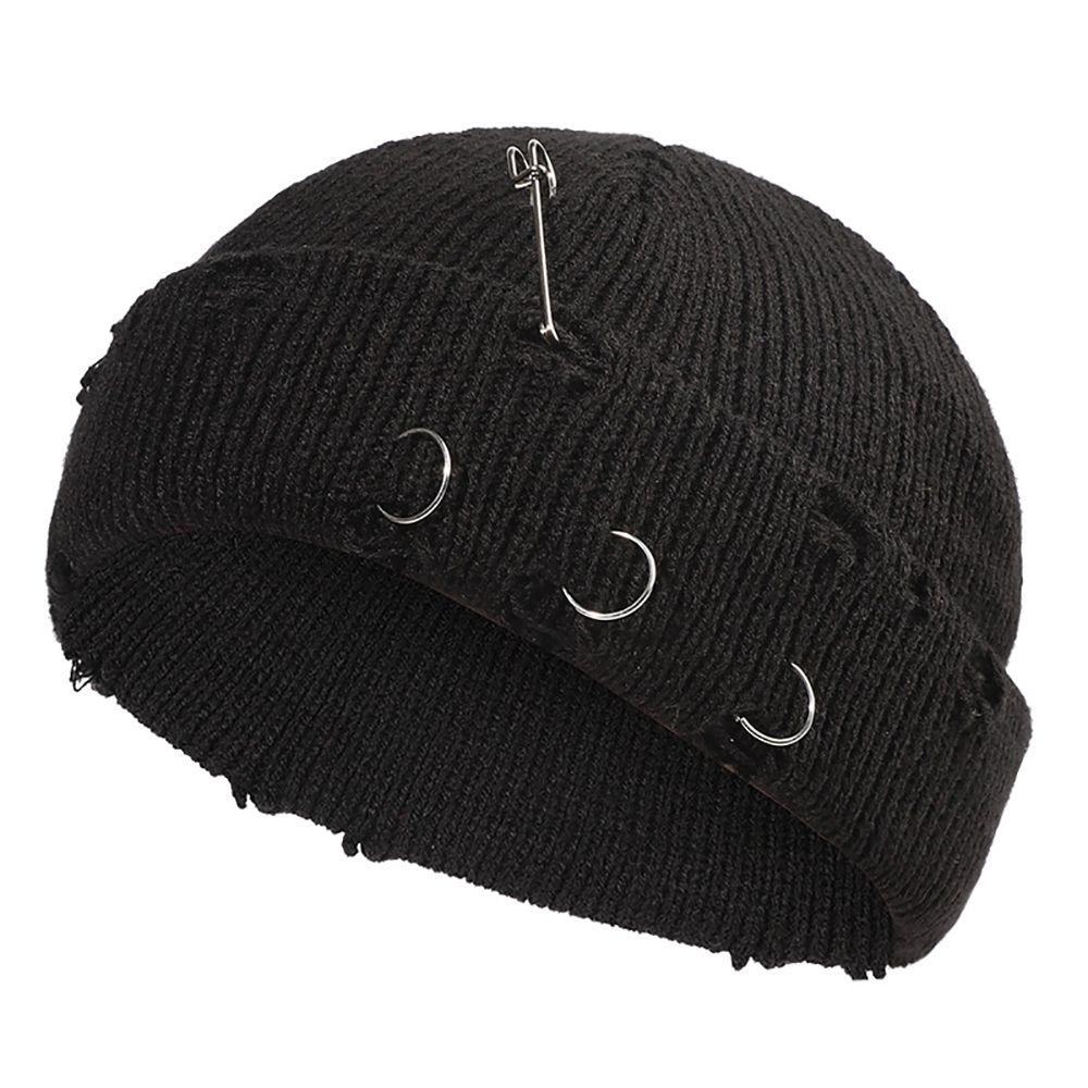 Casual Distressed Hole Female O-Ring Winter With Pins Knitted Hat Beanie Hat Warm Cap Solid Color