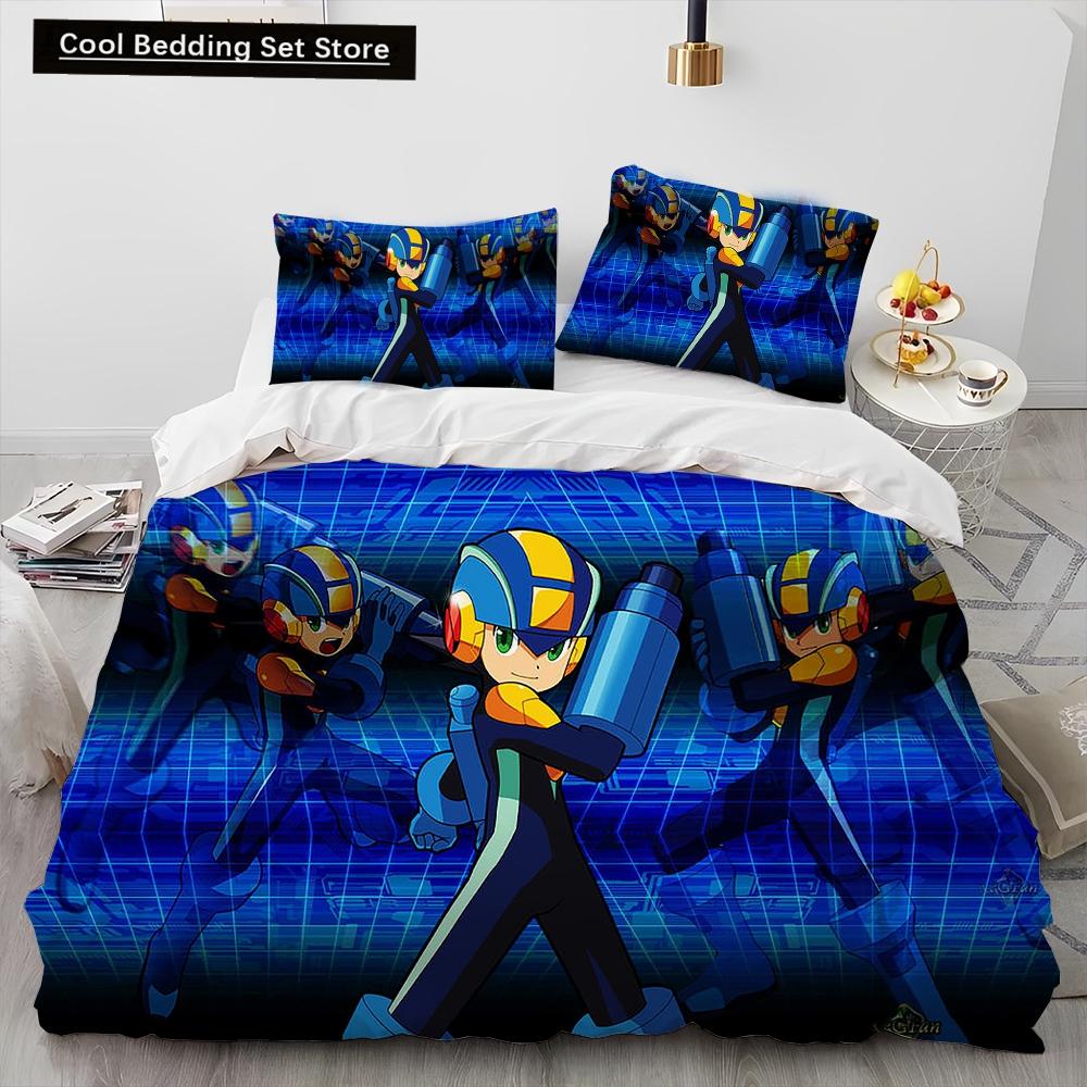 3D Рокмен Мегамен Игра Мультяшный Комплект Постельного Белья Одеяло Пододеяльник Наволочка,Королевский Размер Квинсайз Детский