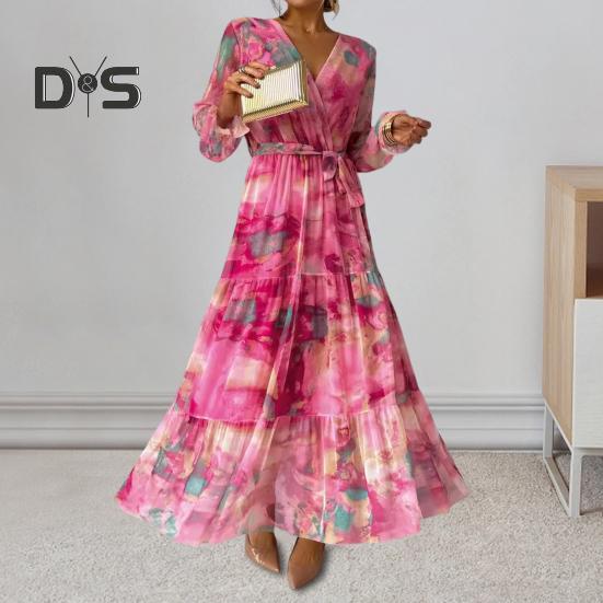 Женское вечернее платье в стиле пэчворк с V-образным вырезом на шнуровке на талии в богемном стиле с рукавами-фонариками плиссированное шифоновое платье макси с красочным принтом трапециевидной формы с большим подолом
