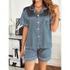 Heart Embroidered Pajama Set Satin Button-Down Short Sleeve Top & Elastic Shorts for Valentine's Gifts Women's Sleepwear