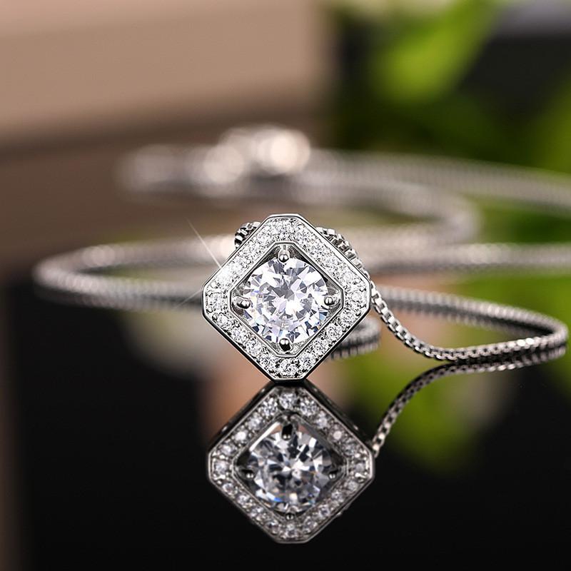 Sterling Square Shaped Pendant Necklace with Brilliant Cubic Zircon Fashion Luxury Wedding Necklace Jewelry for Women