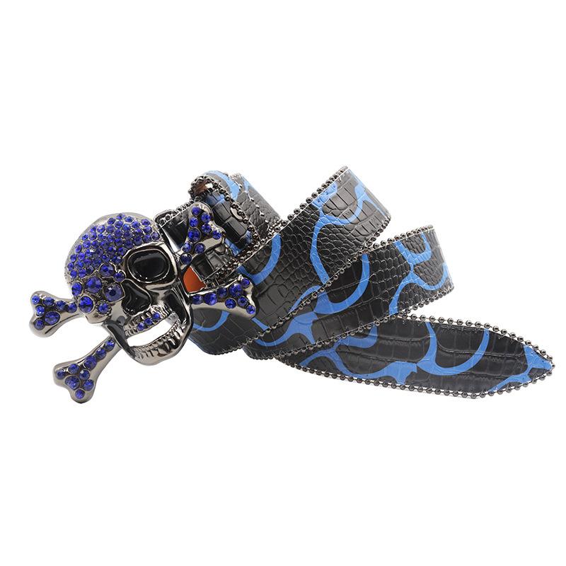 Пряжка-череп Водяной бриллиант Европейский и американский мужской хип-хоп панк ремень Персонализированный модный универсальный ремень Женский ремень с полным бриллиантом